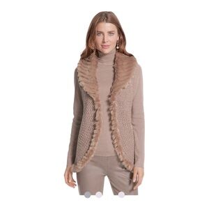 Chico's Knitted Vest Sweater Faux Fur Sleeveless Open Front Beige Women's Size 1